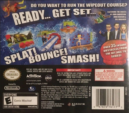 Wipeout The Game for Nintendo DS, back of case for a party action video game with obstacle course challenges, mini-games, multiplayer gameplay, and TV show-inspired competition