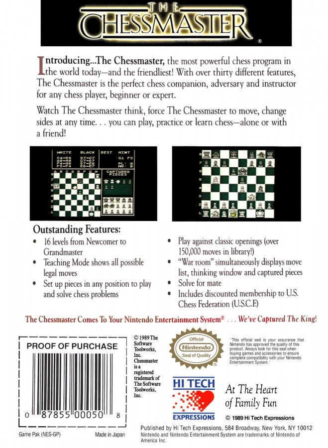 The Chessmaster Nintendo Entertainment System NES for strategy video game fans featuring classic chess gameplay multiple difficulty levels computer AI opponents instructional tutorials skill building practice modes timeless board game competition retro Nintendo gaming collectible gaming appeal back cover art