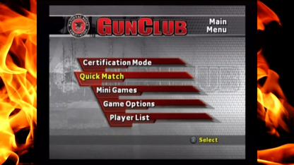 NRA Gun Club – PlayStation 2 (PS2) video game title screen, first-person shooting sports simulation game.