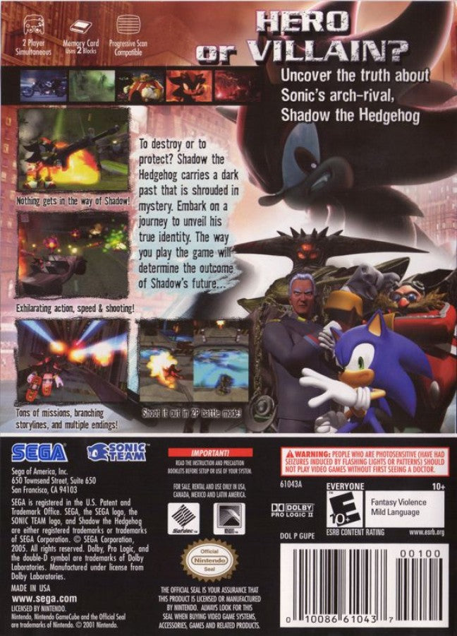 Shadow the Hedgehog Player’s Choice Nintendo GameCube GC video game, action platformer, Sonic the Hedgehog spin-off, story-driven adventure, retro console title back cover