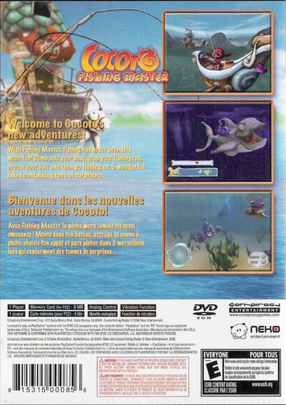 Cocoto Fishing Master for PlayStation 2 with arcade-style fishing and colorful underwater adventure theme gameplay back cover art