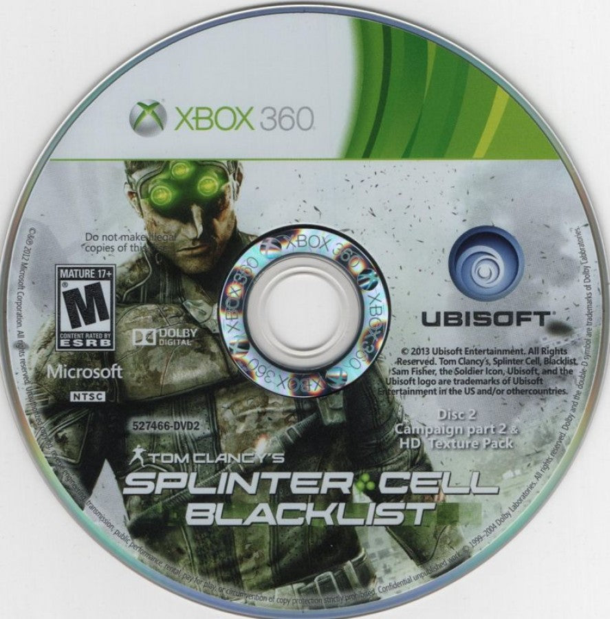 Splinter Cell Blacklist video game featuring stealth action gameplay tactical espionage missions Sam Fisher covert operations customizable loadouts single player campaign and online multiplayer modes by Ubisoft disc
