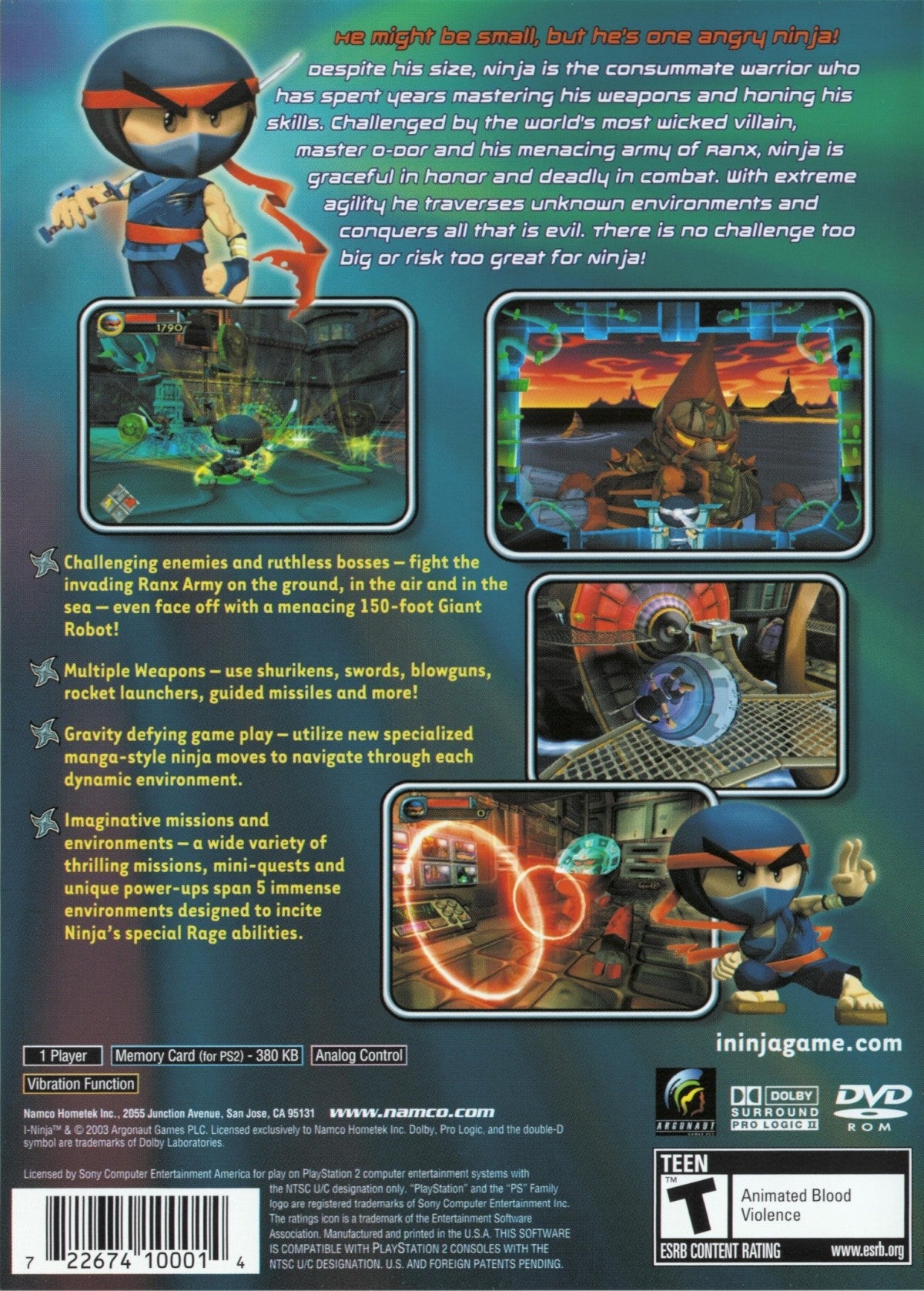 iNinja PS2 Sony PlayStation 2 action platformer game quirky ninja comedy adventure sword combat acrobatics puzzle solving fast paced levels Ninjitsu abilities Argonaut Games retro gaming PlayStation 2 software video game title back cover art