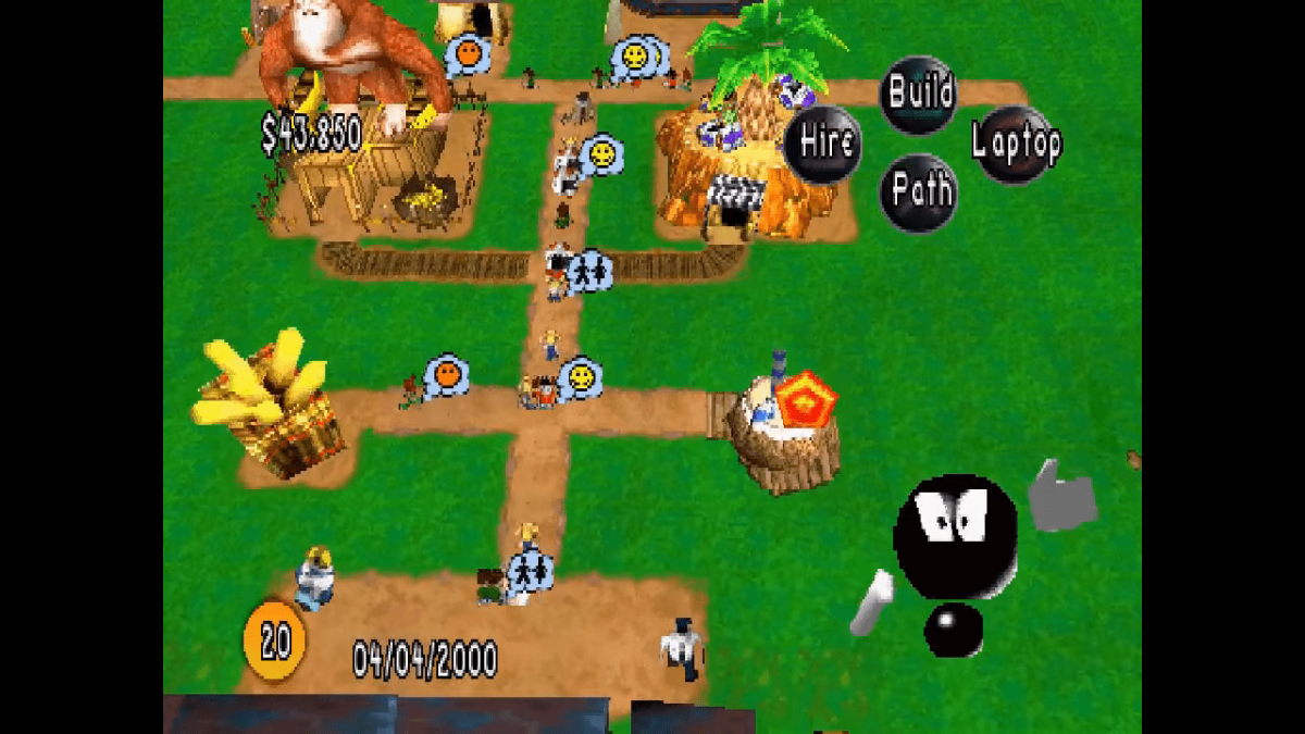 Sim Theme Park PlayStation 1 simulation video game designing and building amusement park roller coasters attractions staff management finances scenarios gameplay
