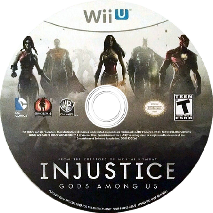 Wii U game disc for 'Injustice: Gods Among Us' with character images and logos.