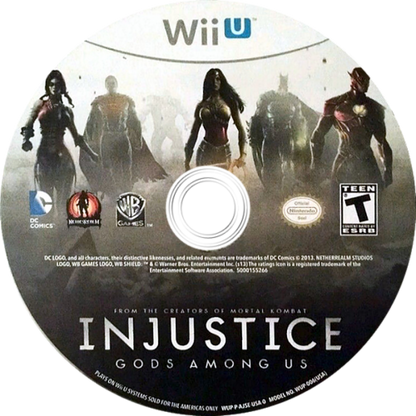 Wii U game disc for 'Injustice: Gods Among Us' with character images and logos.