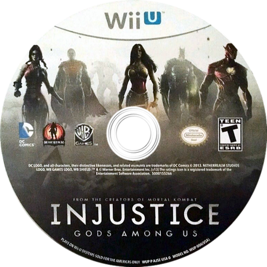 Wii U game disc for 'Injustice: Gods Among Us' with character images and logos.