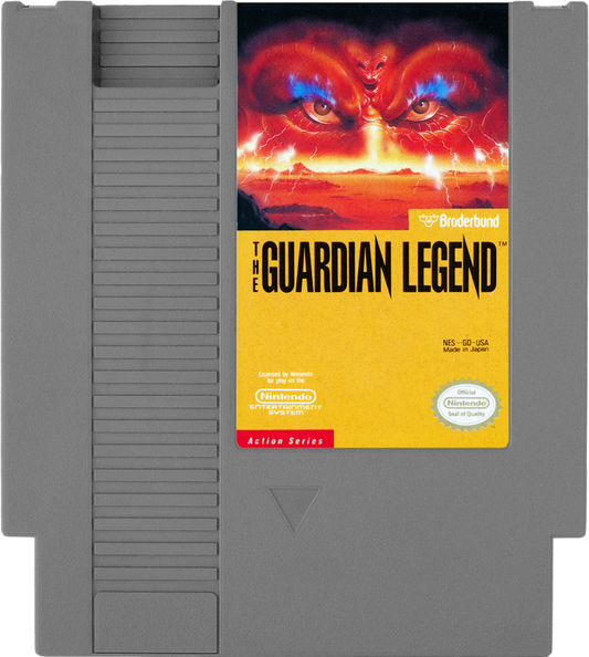 The Guardian Legend Nintendo Entertainment System NES for action adventure video game fans featuring sci fi exploration top down shooting side scrolling combat challenging enemies maze like environments power ups boss battles and classic Nintendo gameplay collectible gaming appeal game cartridge