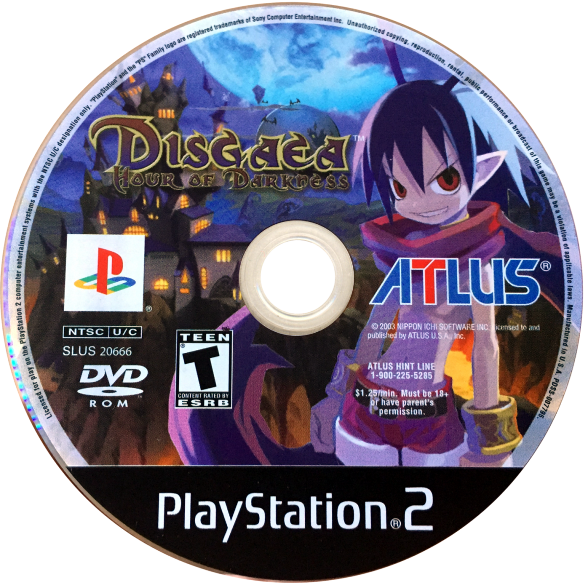 Disgaea Hour of Darkness game for the PlayStation 2 featuring tactical RPG gameplay with grid based battles deep character leveling humorous storylines and over the top mechanics set in the Netherworld starring Laharl and companions disc