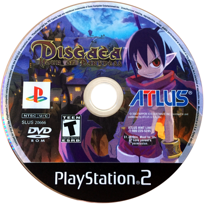 Disgaea Hour of Darkness game for the PlayStation 2 featuring tactical RPG gameplay with grid based battles deep character leveling humorous storylines and over the top mechanics set in the Netherworld starring Laharl and companions disc