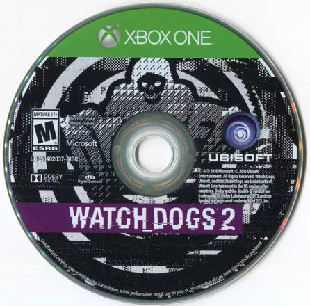 Watch Dogs 2 game for the Xbox One featuring open world action adventure gameplay with hacking mechanics stealth and combat missions as players control Marcus Holloway in a recreation of the San Francisco Bay Area with cooperative and multiplayer modes disc