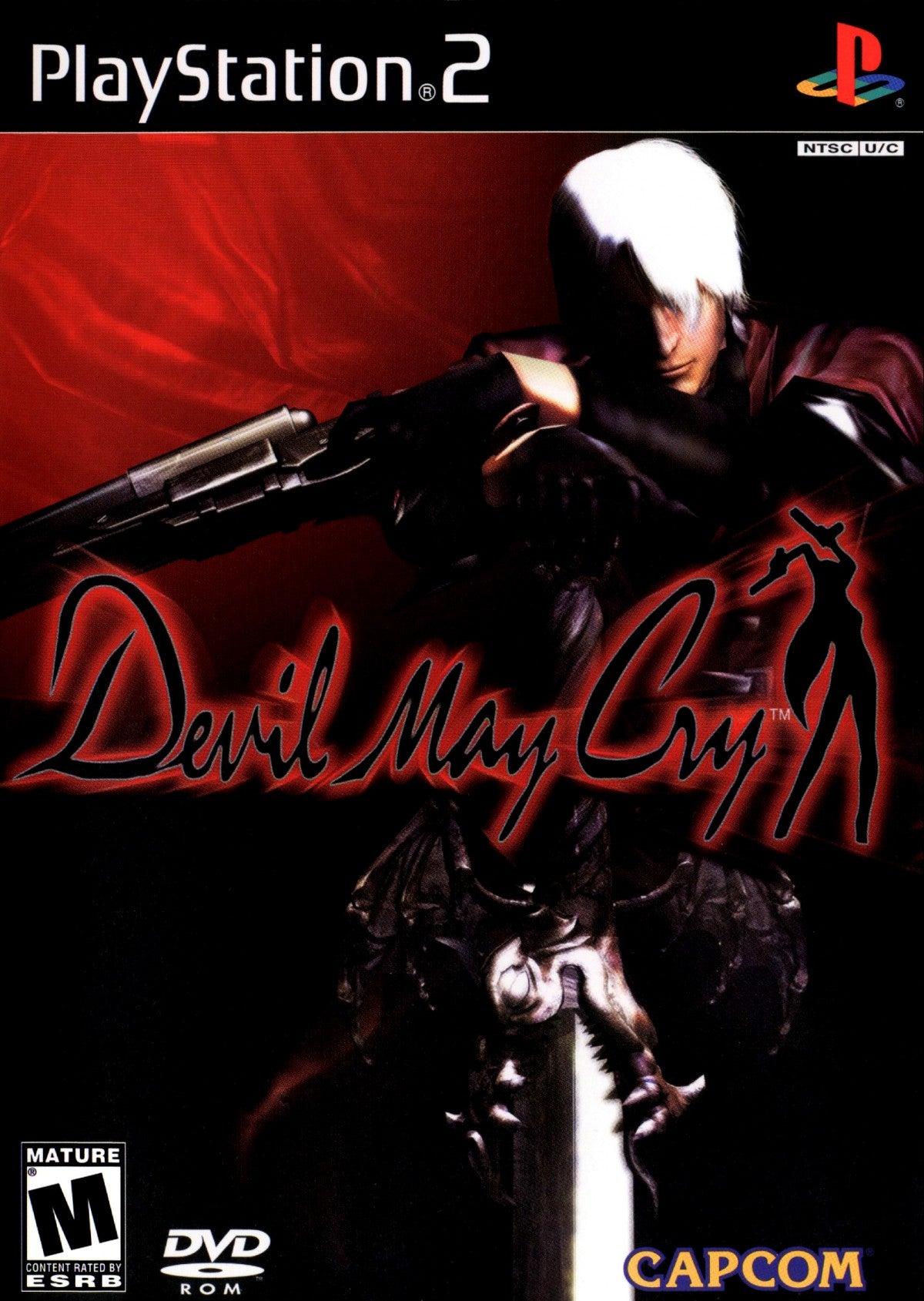 Devil May Cry game for the PlayStation 2 featuring stylish action hack and slash gameplay with fast paced combat platforming and a gothic story following Dante battling demons and supernatural enemies frront cover 