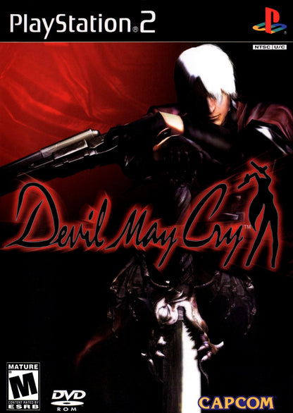 Devil May Cry game for the PlayStation 2 featuring stylish action hack and slash gameplay with fast paced combat platforming and a gothic story following Dante battling demons and supernatural enemies frront cover 