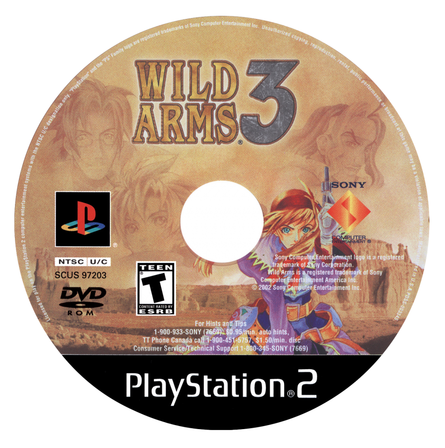 Wild Arms 3 PS2 Sony PlayStation 2 JRPG role playing game cel shaded Western fantasy adventure turn based combat dungeon exploration puzzle solving gunfighter characters story driven gameplay desert world retro gaming PlayStation 2 software video game title disc