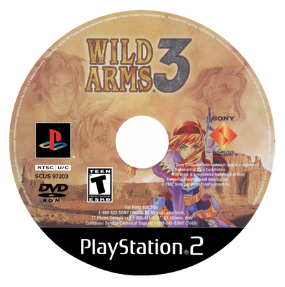 Wild Arms 3 PS2 Sony PlayStation 2 JRPG role playing game cel shaded Western fantasy adventure turn based combat dungeon exploration puzzle solving gunfighter characters story driven gameplay desert world retro gaming PlayStation 2 software video game title disc