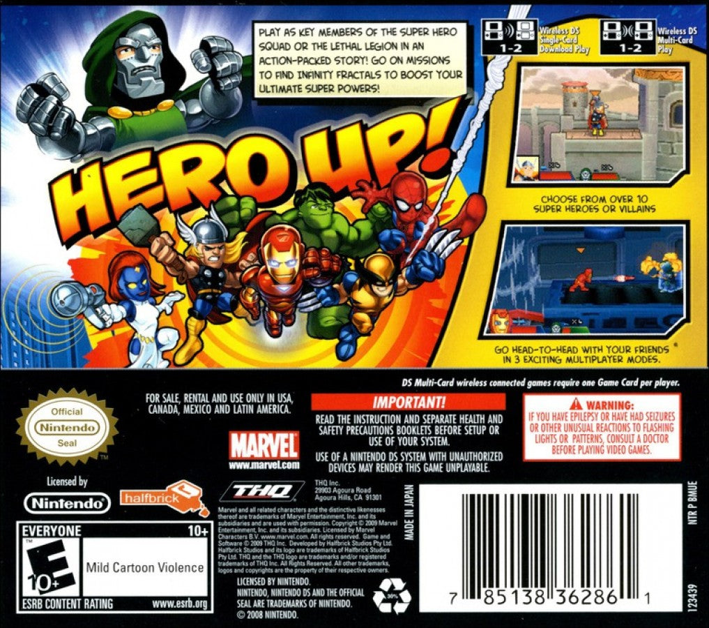 Marvel Super Hero Squad back of case for Nintendo DS (DS) superhero action adventure video game