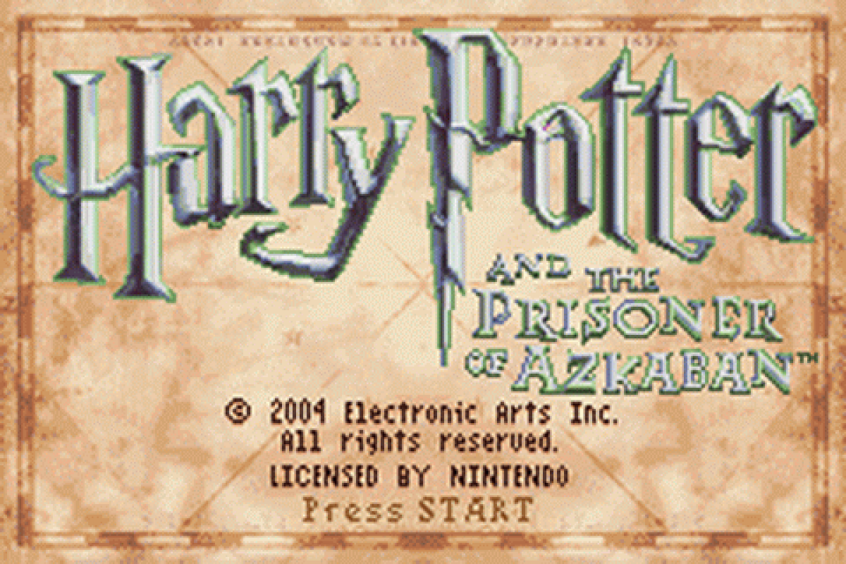 Harry Potter and the Prisoner of Azkaban for Game Boy Advance, title screen for a role-playing video game with turn-based combat, spell casting, exploration, and wizarding world adventure