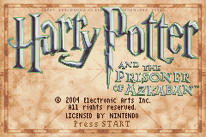 Harry Potter and the Prisoner of Azkaban for Game Boy Advance, title screen for a role-playing video game with turn-based combat, spell casting, exploration, and wizarding world adventure