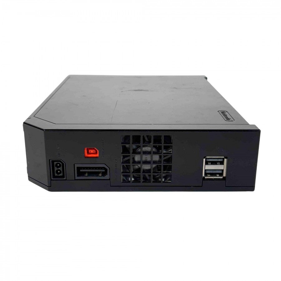 Back view of the black Wii Family Edition console showing the rear vent fan, power input, AV port, sensor bar connector, and USB slots.
