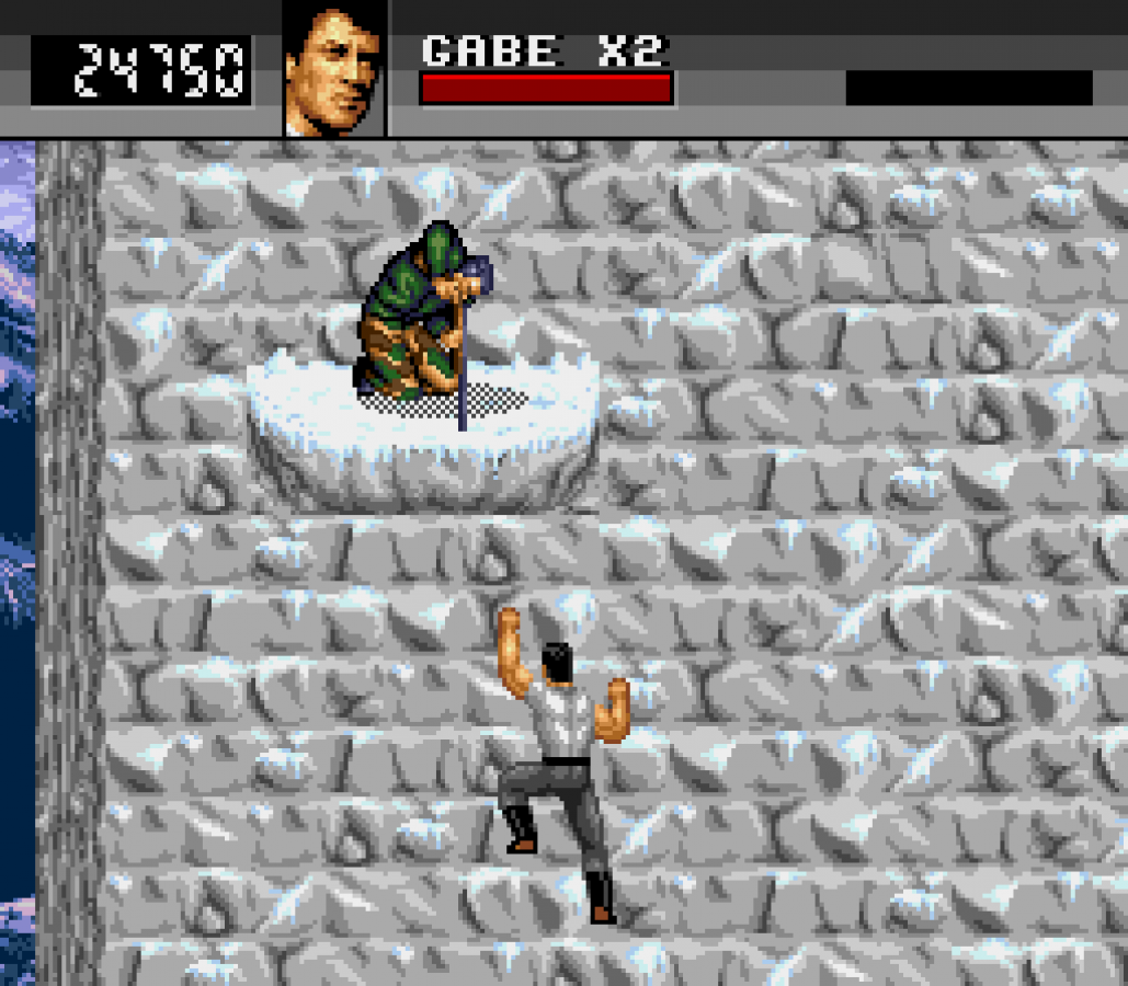 Cliffhanger Sega CD action platformer movie tie in based on Sylvester Stallone film mountain climbing combat survival missions side scrolling gameplay rock climbing hazards fighting enemies cinematic presentation retro gaming Sega CD software video game title gameplay