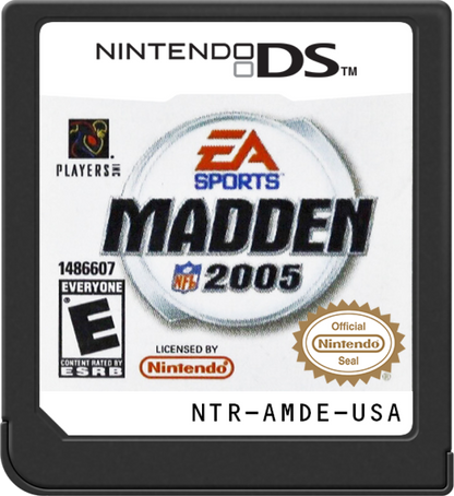 Madden NFL 2005 Nintendo DS DS video game featuring American football sports simulation gameplay NFL teams and players offensive play calling defensive strategies passing rushing touchdowns tackling interceptions special teams action season mode team management competitive football matches and classic Nintendo handheld sports gaming retro video game collection collectible gaming appeal game cartridge