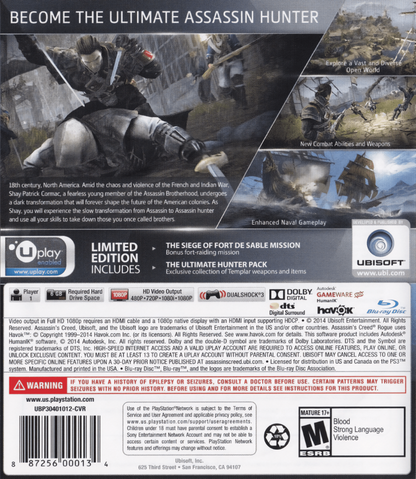 Assassin's Creed: Rogue back cover art for PlayStation 3 (PS3) video game