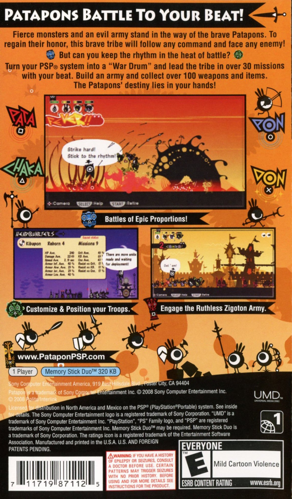 Patapon Greatest Hits PlayStation Portable PSP for rhythm strategy video game fans featuring musical command based gameplay tribal army battles rhythmic drum controls charming stylized visuals strategic combat addictive handheld action unique Sony adventure collectible gaming appeal back cover art
