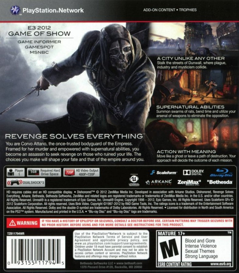 Dishonored back cover art for PlayStation 3 (PS3) video game