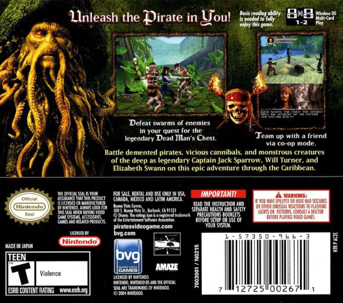 Pirates of the Caribbean Dead Man's Chest Nintendo DS DS video game featuring pirate action adventure gameplay Captain Jack Sparrow ocean exploration sword fighting ship battles treasure hunting enemy encounters island missions swashbuckling combat movie inspired storyline and classic Nintendo DS handheld adventure retro video game collection collectible gaming appeal back cover art