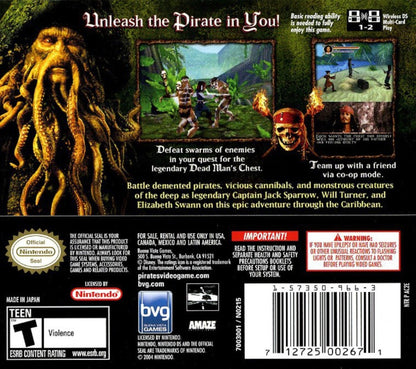 Pirates of the Caribbean Dead Man's Chest Nintendo DS DS video game featuring pirate action adventure gameplay Captain Jack Sparrow ocean exploration sword fighting ship battles treasure hunting enemy encounters island missions swashbuckling combat movie inspired storyline and classic Nintendo DS handheld adventure retro video game collection collectible gaming appeal back cover art