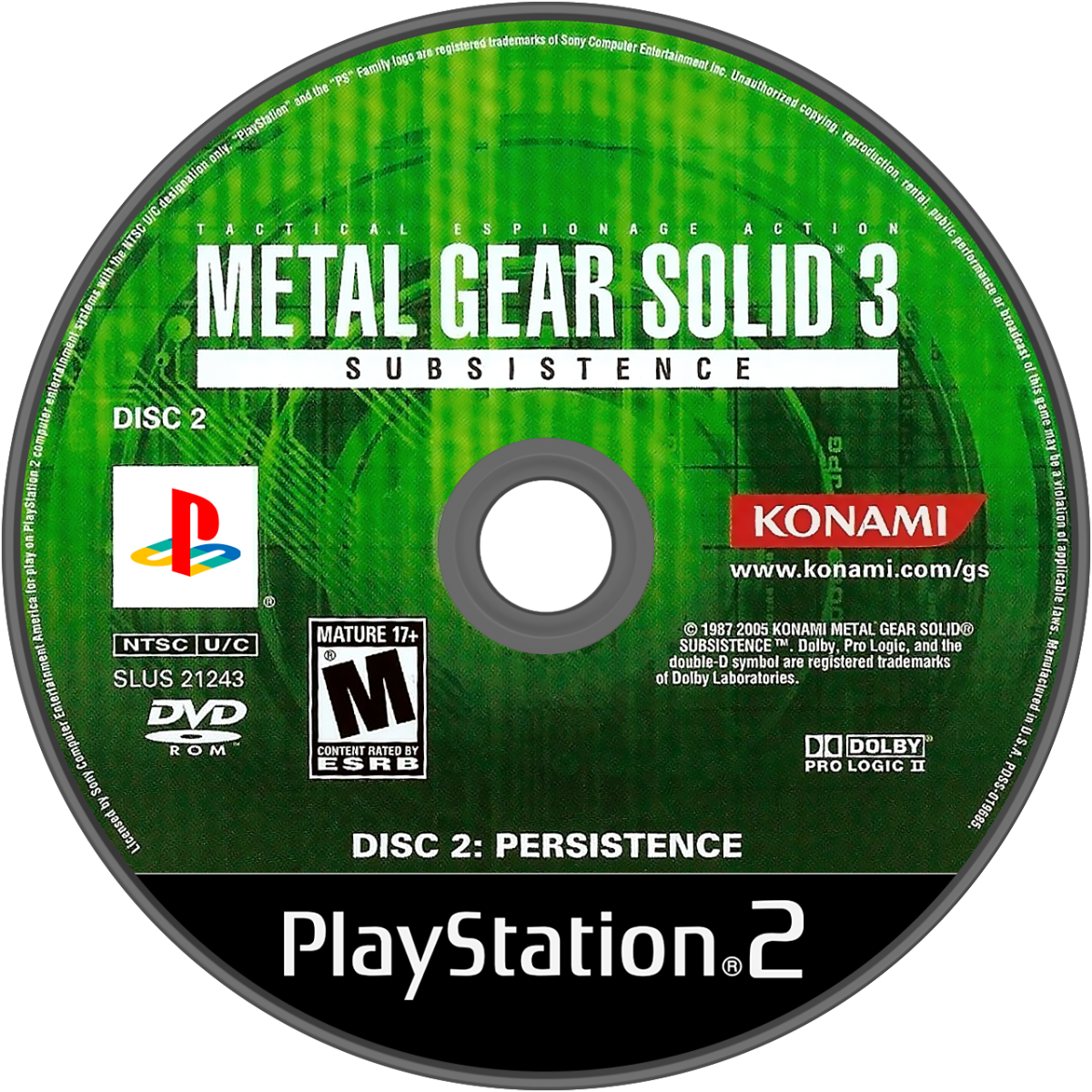 Metal Gear Solid 3 Subsistence PS2 Sony PlayStation 2 stealth action game tactical espionage gameplay Hideo Kojima Snake Eater enhanced edition online multiplayer bonus content improved camera jungle survival stealth missions cinematic story retro gaming PlayStation 2 software video game title disc 2