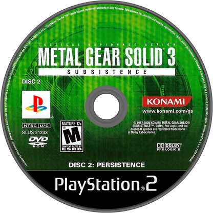 Metal Gear Solid 3 Subsistence PS2 Sony PlayStation 2 stealth action game tactical espionage gameplay Hideo Kojima Snake Eater enhanced edition online multiplayer bonus content improved camera jungle survival stealth missions cinematic story retro gaming PlayStation 2 software video game title disc 2