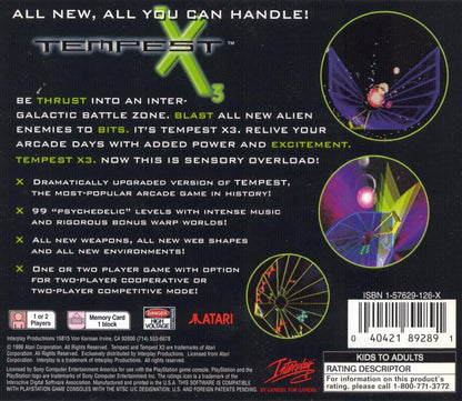Tempest X3 retro sci-fi arcade shooter game for PlayStation 1 (PS1) back of case