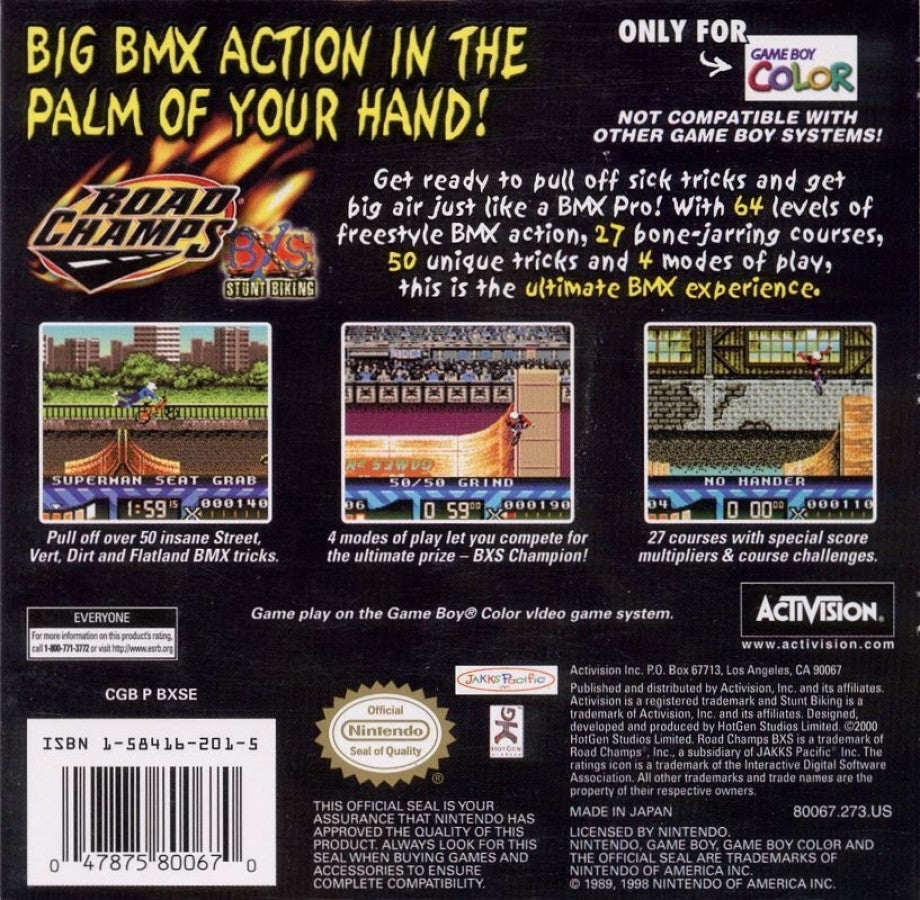Road Champs for Game Boy Color, back of case for an arcade racing video game with vehicle-based gameplay, track challenges, collectible cars, and casual driving action