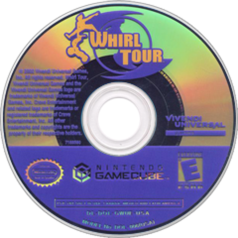 Whirl Tour disc art for GameCube game featuring extreme skateboarding action and high-speed arcade stunt gameplay
