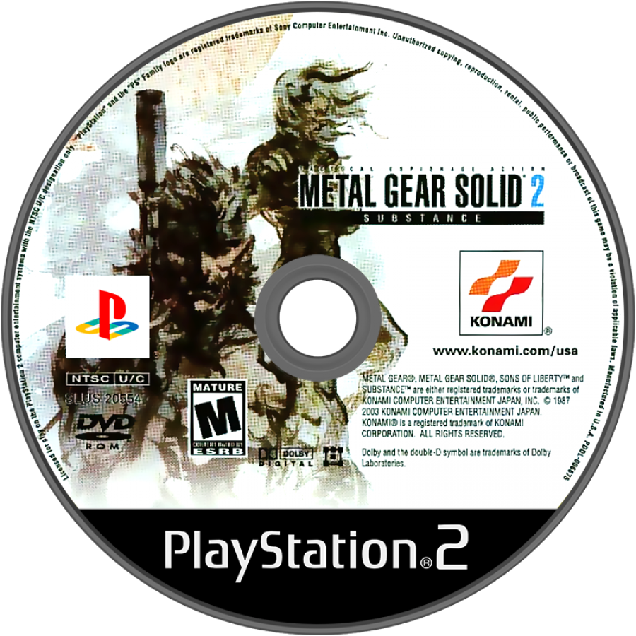 Metal Gear Solid 2 Substance PS2 Sony PlayStation 2 stealth action game tactical espionage gameplay Hideo Kojima Solid Snake Raiden infiltration missions stealth mechanics cinematic story enhanced edition extra missions VR training retro gaming PlayStation 2 software video game title disc
