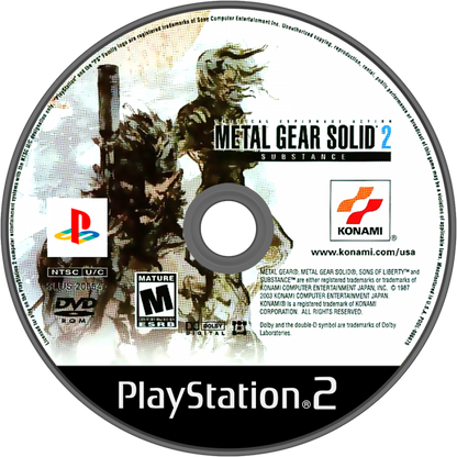 Metal Gear Solid 2 Substance PS2 Sony PlayStation 2 stealth action game tactical espionage gameplay Hideo Kojima Solid Snake Raiden infiltration missions stealth mechanics cinematic story enhanced edition extra missions VR training retro gaming PlayStation 2 software video game title disc