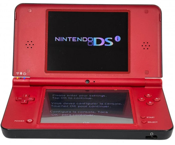 Nintendo DSi XL Mario 25th Anniversary Edition inspired design featuring collectible handheld gaming console aesthetic vibrant red finish Super Mario themed celebration edition oversized dual screens portable Nintendo entertainment iconic anniversary hardware presentation open front 