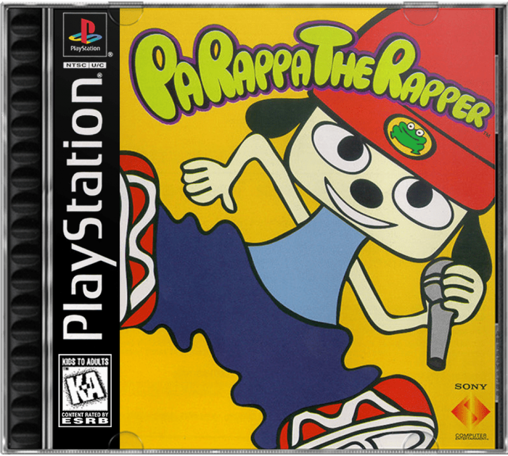 PaRappa the Rapper PlayStation 1 rhythm music video game unique 2D paper cut-out art style rapping action follow-the-leader gameplay Chop Chop Master Onion lessons catchy songs NanaOn-Sha Sony classic cover art