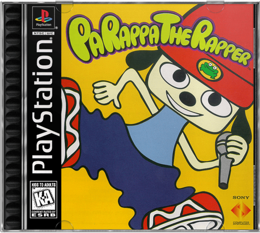 PaRappa the Rapper PlayStation 1 rhythm music video game unique 2D paper cut-out art style rapping action follow-the-leader gameplay Chop Chop Master Onion lessons catchy songs NanaOn-Sha Sony classic cover art