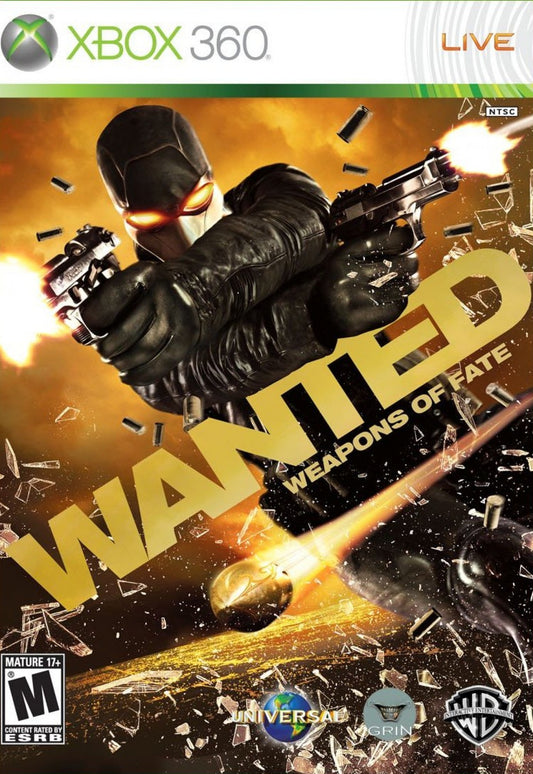Wanted: Weapons of Fate for Xbox 360 third person action shooter video game featuring bullet time mechanics cinematic gunplay comic book inspired storytelling and high intensity revenge driven gameplay experience cover art 