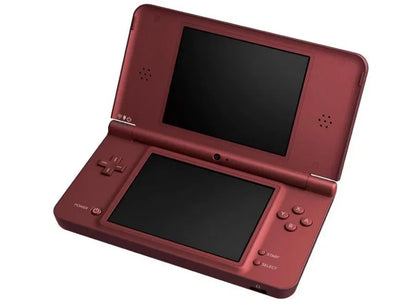 Nintendo DSi XL handheld console in Burgundy Wine dual screen portable gaming system larger screens size Good Condition used tested stylus included SD card slot backwards compatible with Nintendo DS game cards cameras DSiWare functionality flip design