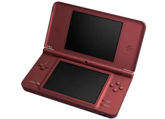 Nintendo DSi XL handheld console in Burgundy Wine dual screen portable gaming system larger screens size Good Condition used tested stylus included SD card slot backwards compatible with Nintendo DS game cards cameras DSiWare functionality flip design