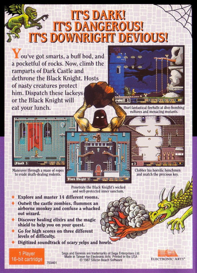 Dark Castle Sega Genesis GEN for retro video game enthusiasts featuring action platforming gameplay medieval castle exploration challenging enemy encounters puzzle elements precise combat classic fantasy adventure and collectible gaming appeal back cover