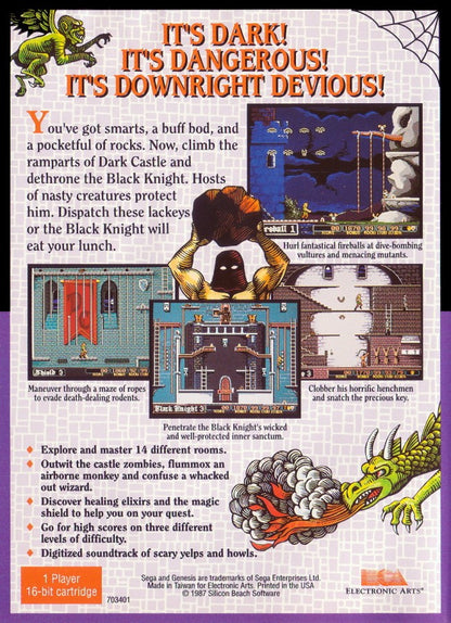 Dark Castle Sega Genesis GEN for retro video game enthusiasts featuring action platforming gameplay medieval castle exploration challenging enemy encounters puzzle elements precise combat classic fantasy adventure and collectible gaming appeal back cover