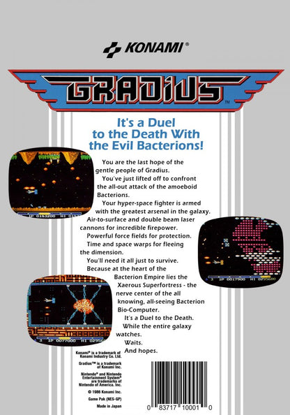 Gradius Nintendo Entertainment System NES video game featuring side scrolling shoot em up gameplay spaceship combat enemy waves power ups boss battles challenging levels and classic 8 bit arcade action retro video game collection collectible gaming appeal back cover art