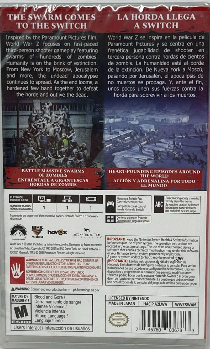World War Z Nintendo Switch inspired design featuring cooperative zombie survival shooter aesthetic massive swarms of undead intense firefights class based teamwork global outbreak scenarios fast paced action cinematic horror gameplay presentation back cover