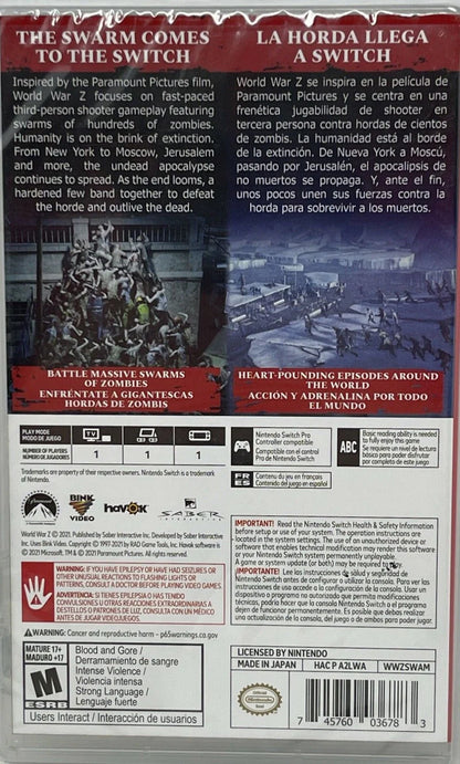 World War Z Nintendo Switch inspired design featuring cooperative zombie survival shooter aesthetic massive swarms of undead intense firefights class based teamwork global outbreak scenarios fast paced action cinematic horror gameplay presentation back cover