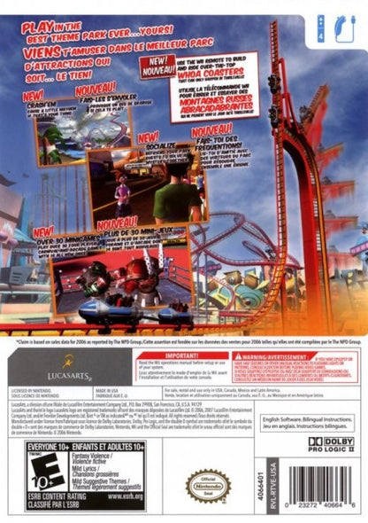 Thrillville: Off the Rails back cover art for Nintendo Wii (Wii) featuring theme park building, wild roller coasters, and mini‑games with quirky characters.