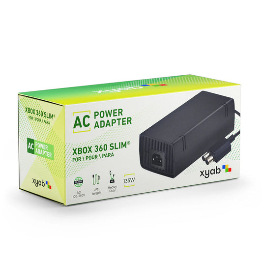 XYAB brand Xbox 360 Slim power adapter replacement AC power supply accessory for Xbox 360 Slim systems boxed 